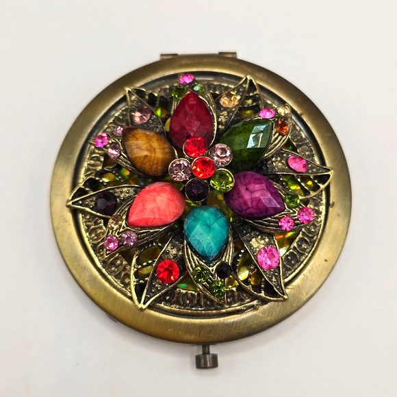 Jeweled Colorful Rhinestone Cabochons Ornate Brass Mirror Compact - Picture 4 of 13